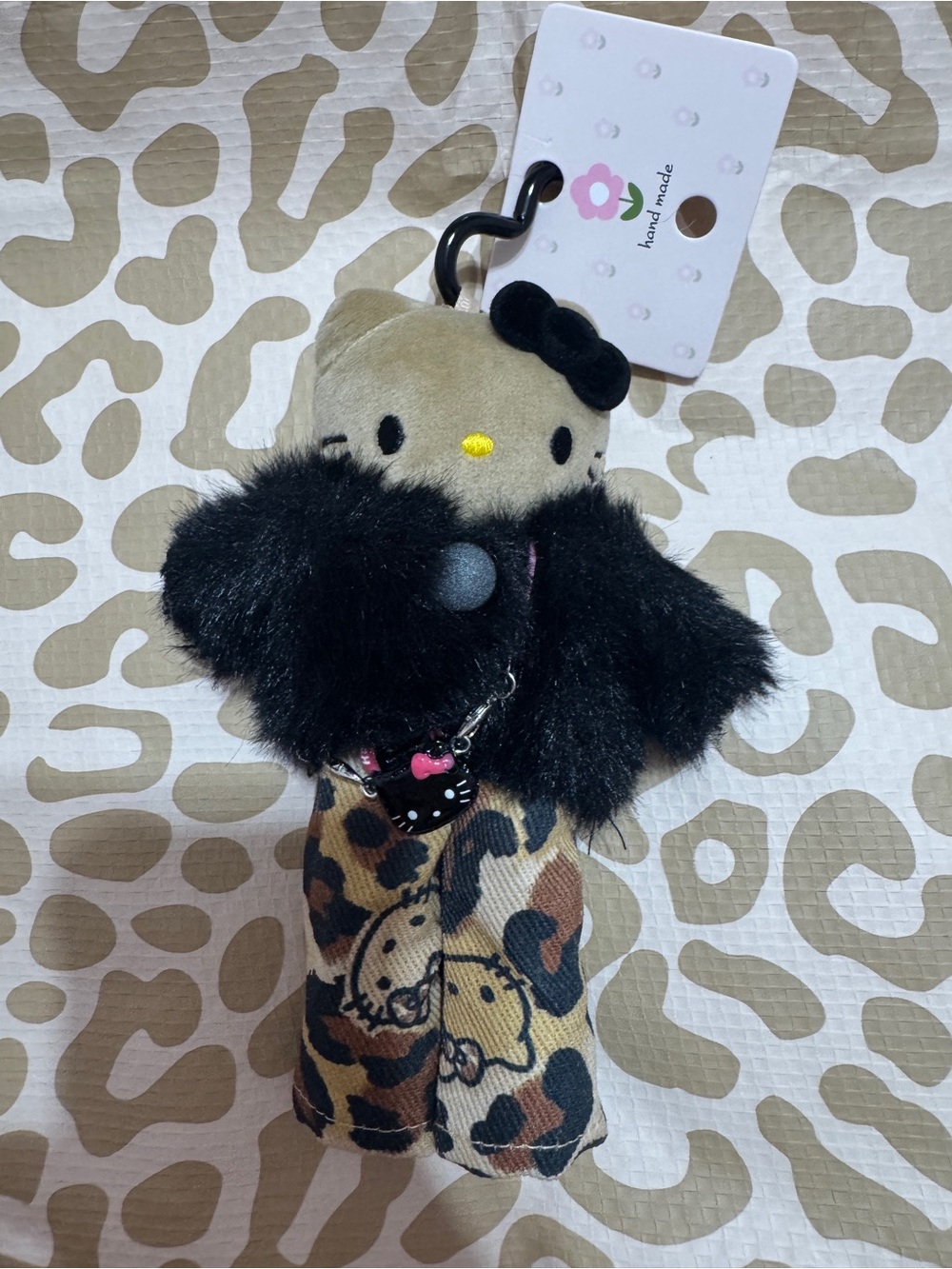 Hello Kitty Plush Keychain in Tan, Black & Pink Accents
